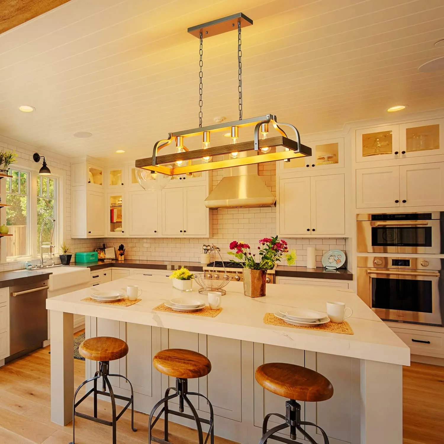 WUZUPS 4-Light Metal Pot Hanging Rack Chandelier Imitation Light Wood Grain Linear Pendant Ceiling Lighting Rustic Farmhouse Fixture Kitchen Island Dining Room, H 9.8" L 34.6" W11.8, E26 Base, Nickel