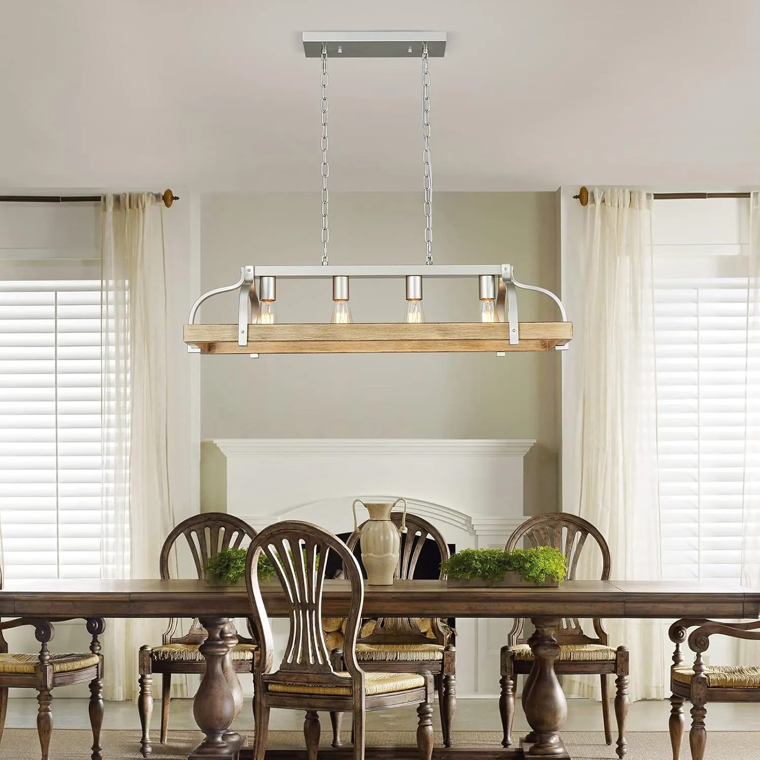 WUZUPS 4-Light Metal Pot Hanging Rack Chandelier Imitation Light Wood Grain Linear Pendant Ceiling Lighting Rustic Farmhouse Fixture Kitchen Island Dining Room, H 9.8" L 34.6" W11.8, E26 Base, Nickel