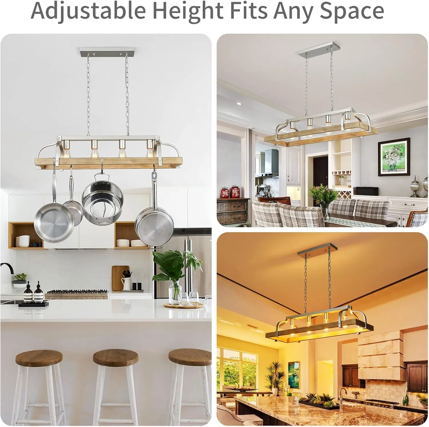 WUZUPS 4-Light Metal Pot Hanging Rack Chandelier Imitation Light Wood Grain Linear Pendant Ceiling Lighting Rustic Farmhouse Fixture Kitchen Island Dining Room, H 9.8" L 34.6" W11.8, E26 Base, Nickel