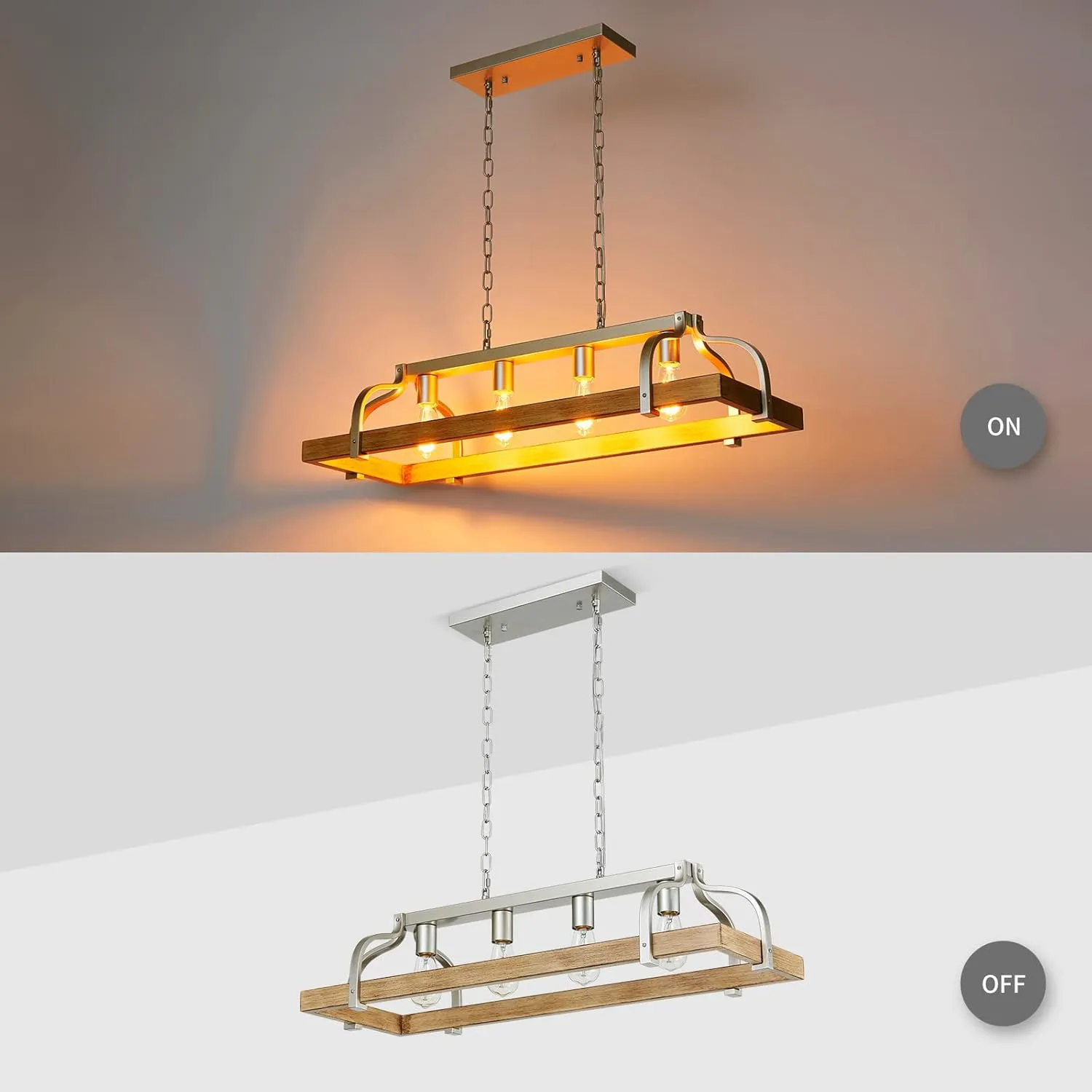 WUZUPS 4-Light Metal Pot Hanging Rack Chandelier Imitation Light Wood Grain Linear Pendant Ceiling Lighting Rustic Farmhouse Fixture Kitchen Island Dining Room, H 9.8" L 34.6" W11.8, E26 Base, Nickel
