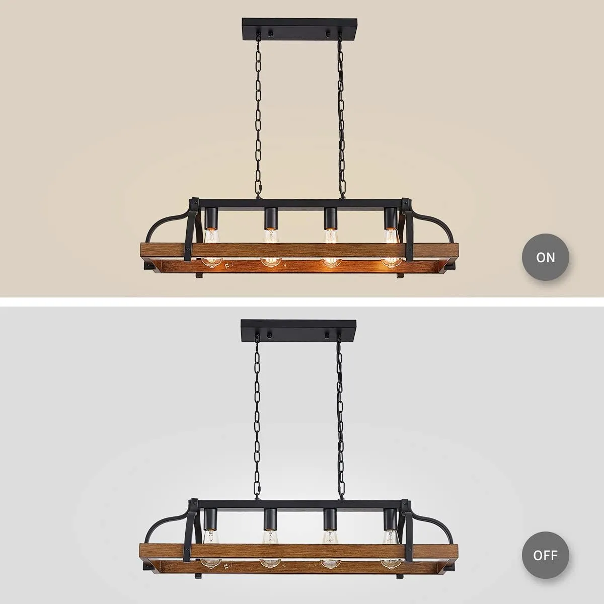 WUZUPS 4-Light Metal Pot Hanging Rack Chandelier Imitation Wood Grain Linear Pendant Ceiling Lighting Rustic Farmhouse Fixture Kitchen Island Dining Room, H 9.8" x L 34.6" x W11.8, E26 Base, Black