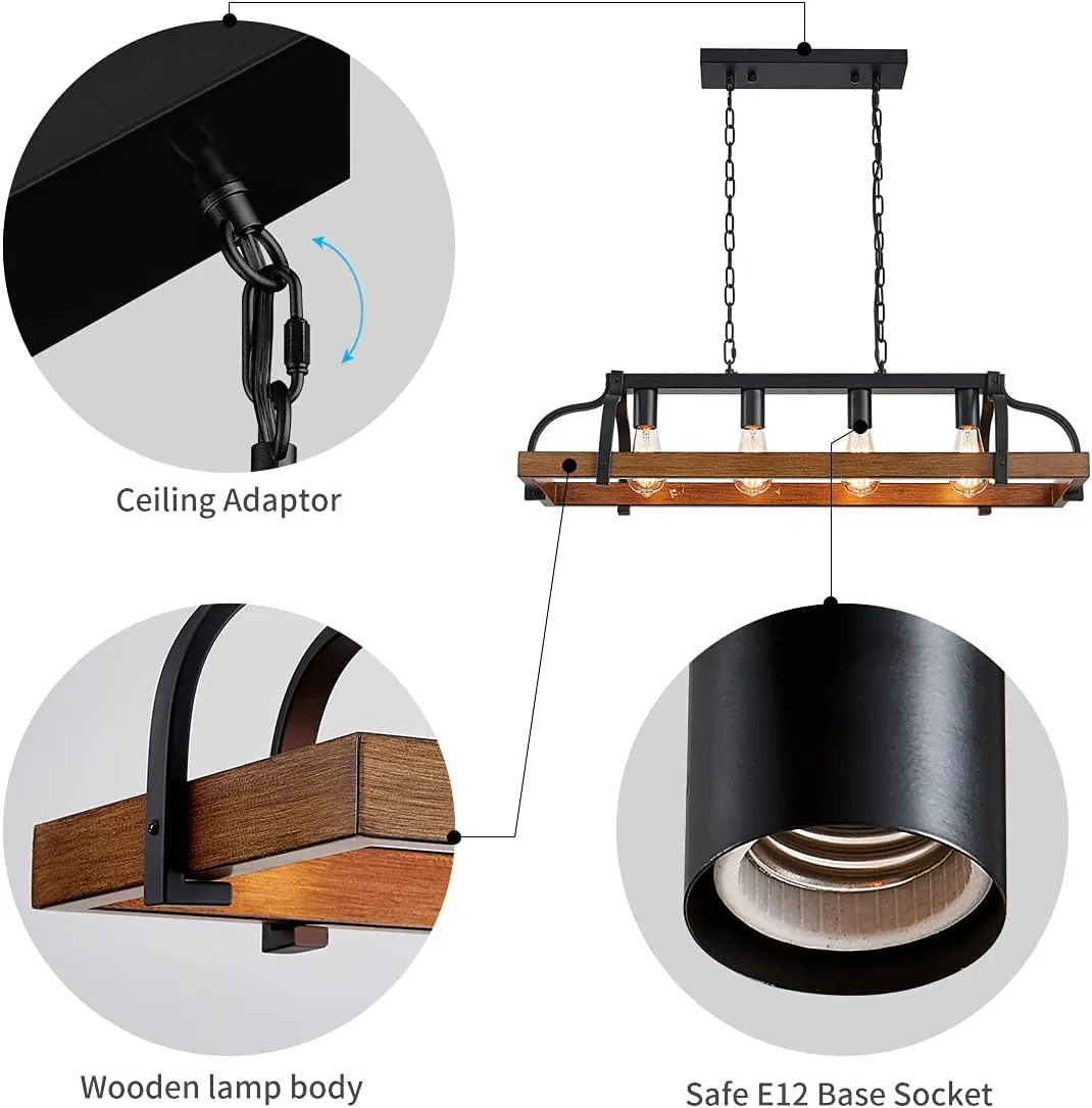 WUZUPS 4-Light Metal Pot Hanging Rack Chandelier Imitation Wood Grain Linear Pendant Ceiling Lighting Rustic Farmhouse Fixture Kitchen Island Dining Room, H 9.8" x L 34.6" x W11.8, E26 Base, Black