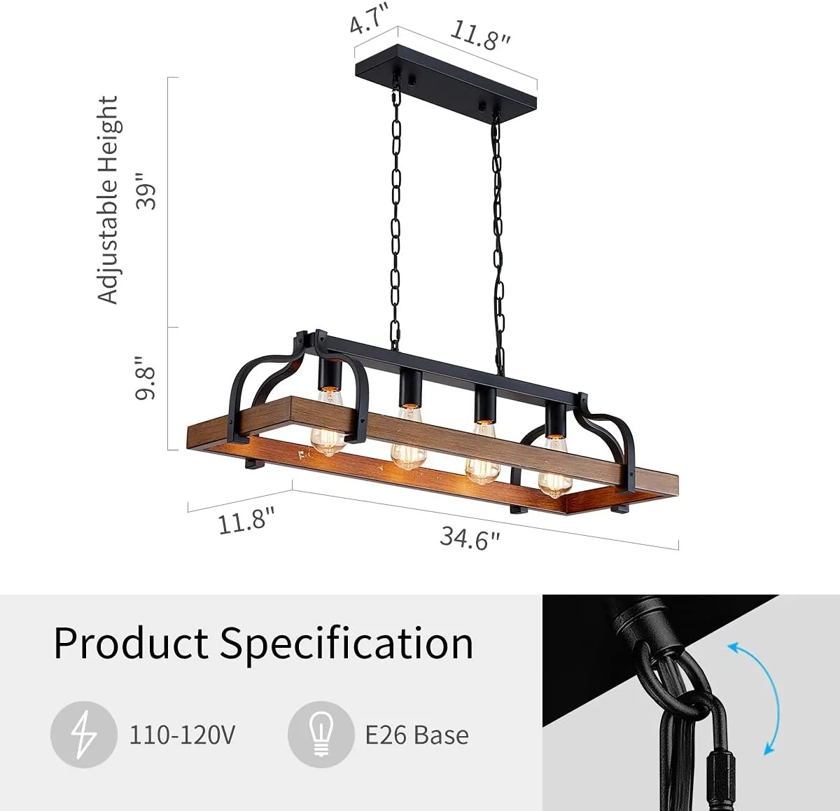 WUZUPS 4-Light Metal Pot Hanging Rack Chandelier Imitation Wood Grain Linear Pendant Ceiling Lighting Rustic Farmhouse Fixture Kitchen Island Dining Room, H 9.8" x L 34.6" x W11.8, E26 Base, Black