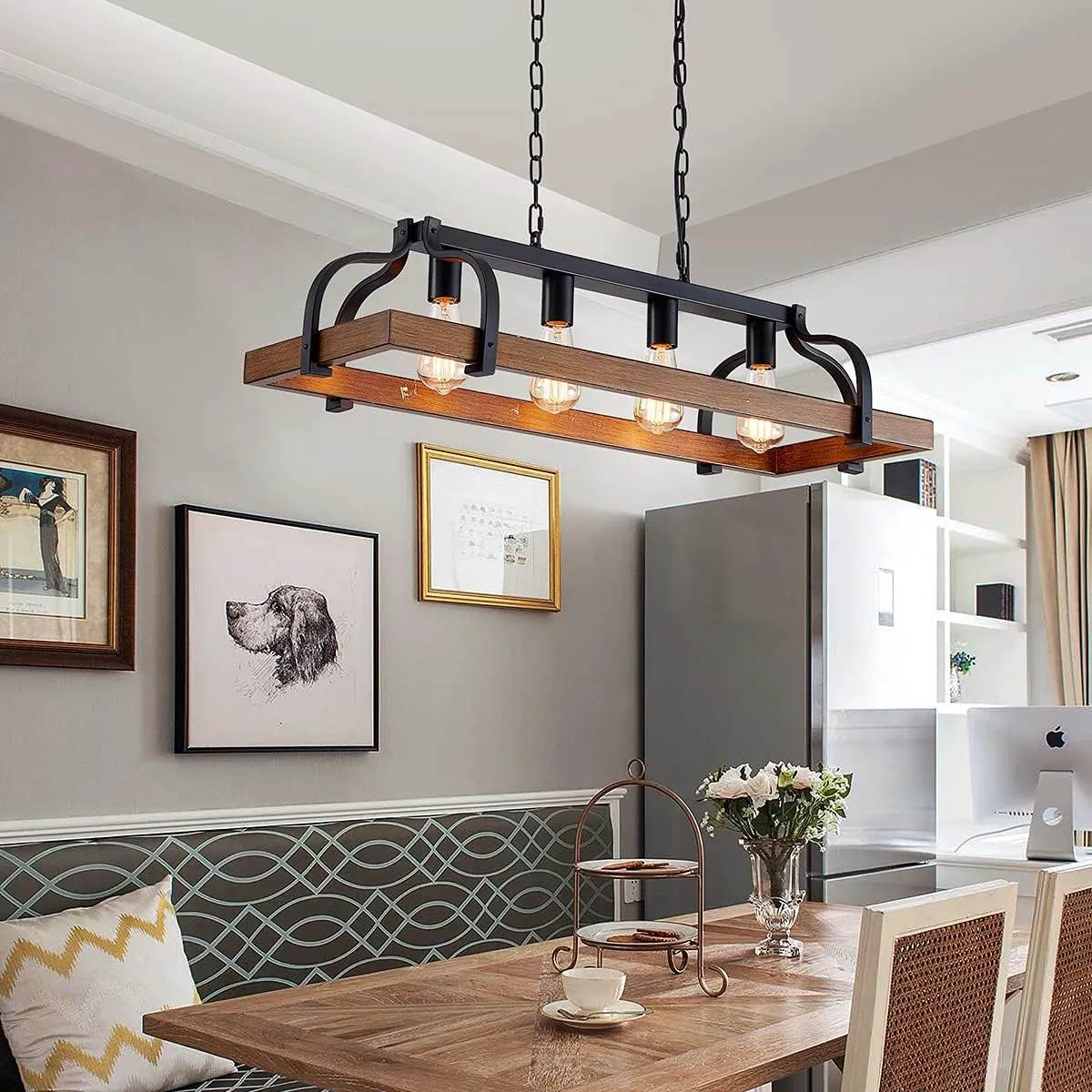 WUZUPS 4-Light Metal Pot Hanging Rack Chandelier Imitation Wood Grain Linear Pendant Ceiling Lighting Rustic Farmhouse Fixture Kitchen Island Dining Room, H 9.8" x L 34.6" x W11.8, E26 Base, Black
