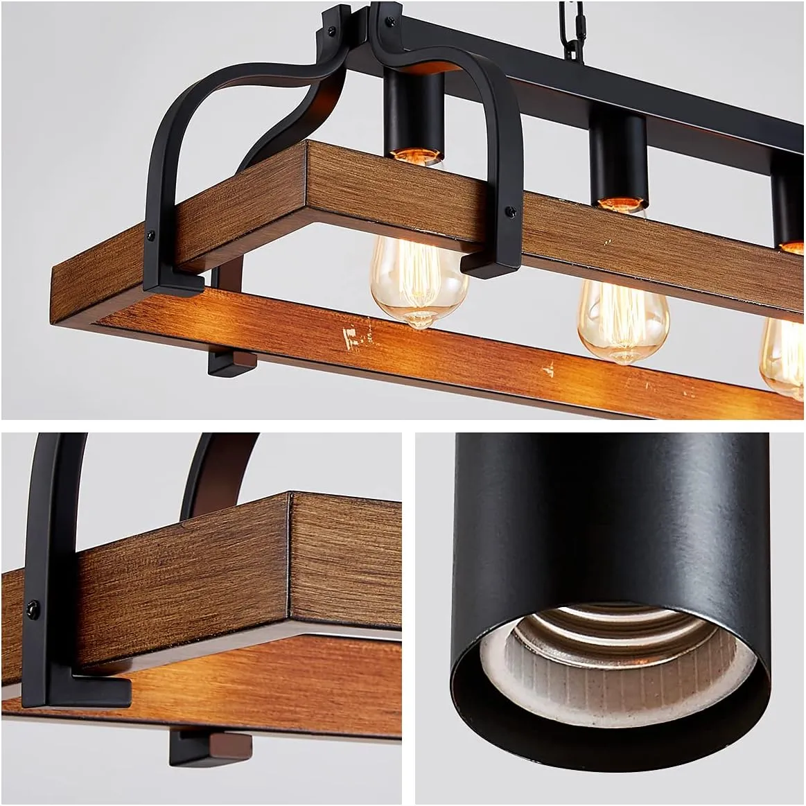 WUZUPS 4-Light Metal Pot Hanging Rack Chandelier Imitation Wood Grain Linear Pendant Ceiling Lighting Rustic Farmhouse Fixture Kitchen Island Dining Room, H 9.8" x L 34.6" x W11.8, E26 Base, Black