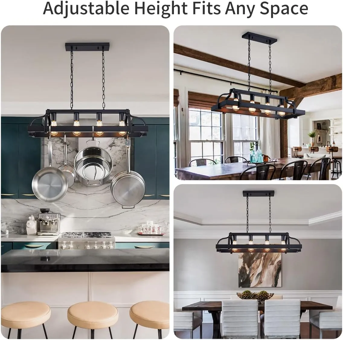WUZUPS 4-Light Metal Pot Hanging Rack Chandelier Linear Pendant Ceiling Lighting Rustic Farmhouse Fixture Kitchen Island Dining Room, H 9.8" x L 34.6" x W11.8, E26 Base, Black