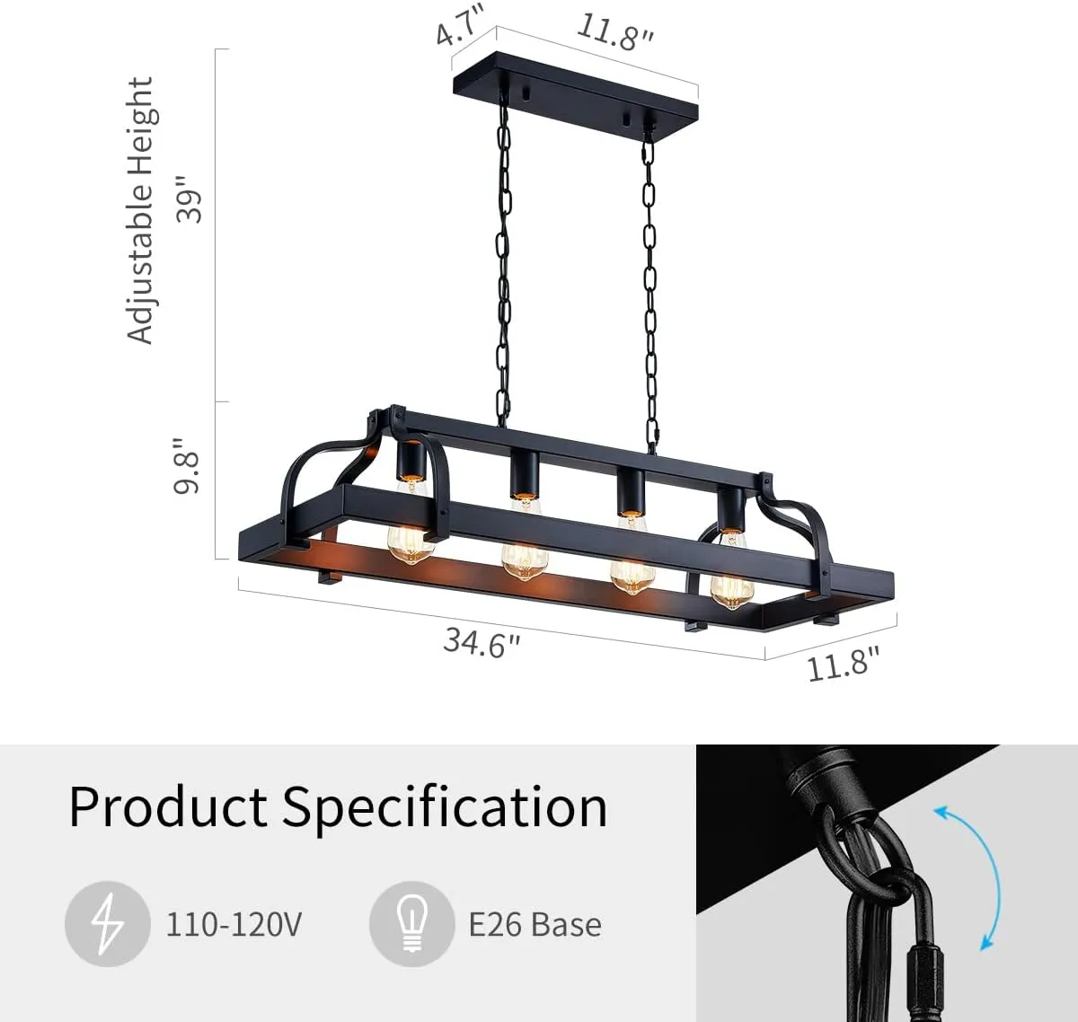 WUZUPS 4-Light Metal Pot Hanging Rack Chandelier Linear Pendant Ceiling Lighting Rustic Farmhouse Fixture Kitchen Island Dining Room, H 9.8" x L 34.6" x W11.8, E26 Base, Black