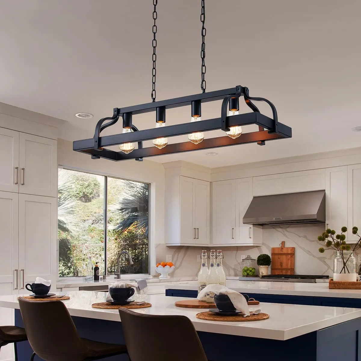 WUZUPS 4-Light Metal Pot Hanging Rack Chandelier Linear Pendant Ceiling Lighting Rustic Farmhouse Fixture Kitchen Island Dining Room, H 9.8" x L 34.6" x W11.8, E26 Base, Black