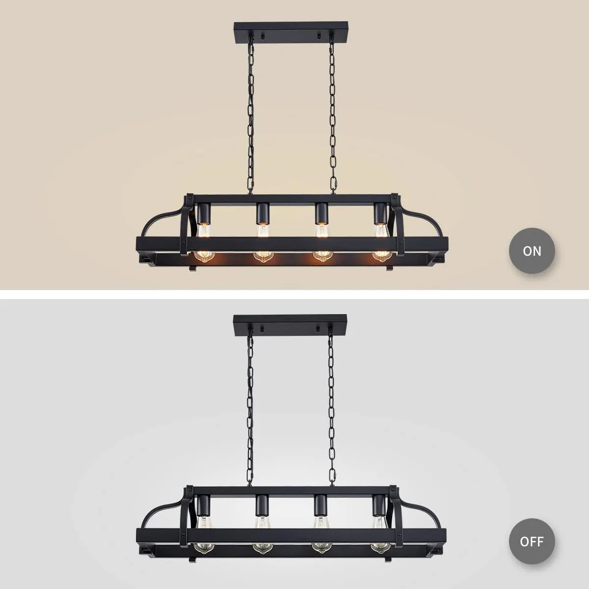 WUZUPS 4-Light Metal Pot Hanging Rack Chandelier Linear Pendant Ceiling Lighting Rustic Farmhouse Fixture Kitchen Island Dining Room, H 9.8" x L 34.6" x W11.8, E26 Base, Black