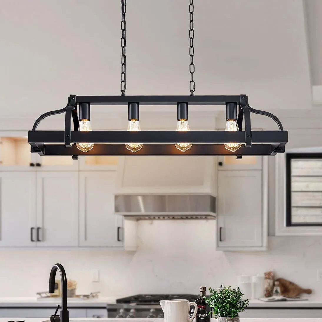 WUZUPS 4-Light Metal Pot Hanging Rack Chandelier Linear Pendant Ceiling Lighting Rustic Farmhouse Fixture Kitchen Island Dining Room, H 9.8" x L 34.6" x W11.8, E26 Base, Black