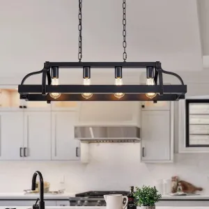 WUZUPS 4-Light Metal Pot Hanging Rack Chandelier Linear Pendant Ceiling Lighting Rustic Farmhouse Fixture Kitchen Island Dining Room, H 9.8" x L 34.6" x W11.8, E26 Base, Black
