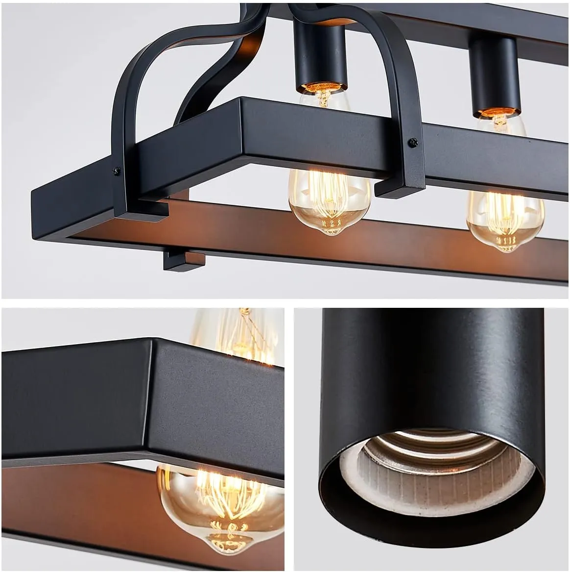 WUZUPS 4-Light Metal Pot Hanging Rack Chandelier Linear Pendant Ceiling Lighting Rustic Farmhouse Fixture Kitchen Island Dining Room, H 9.8" x L 34.6" x W11.8, E26 Base, Black