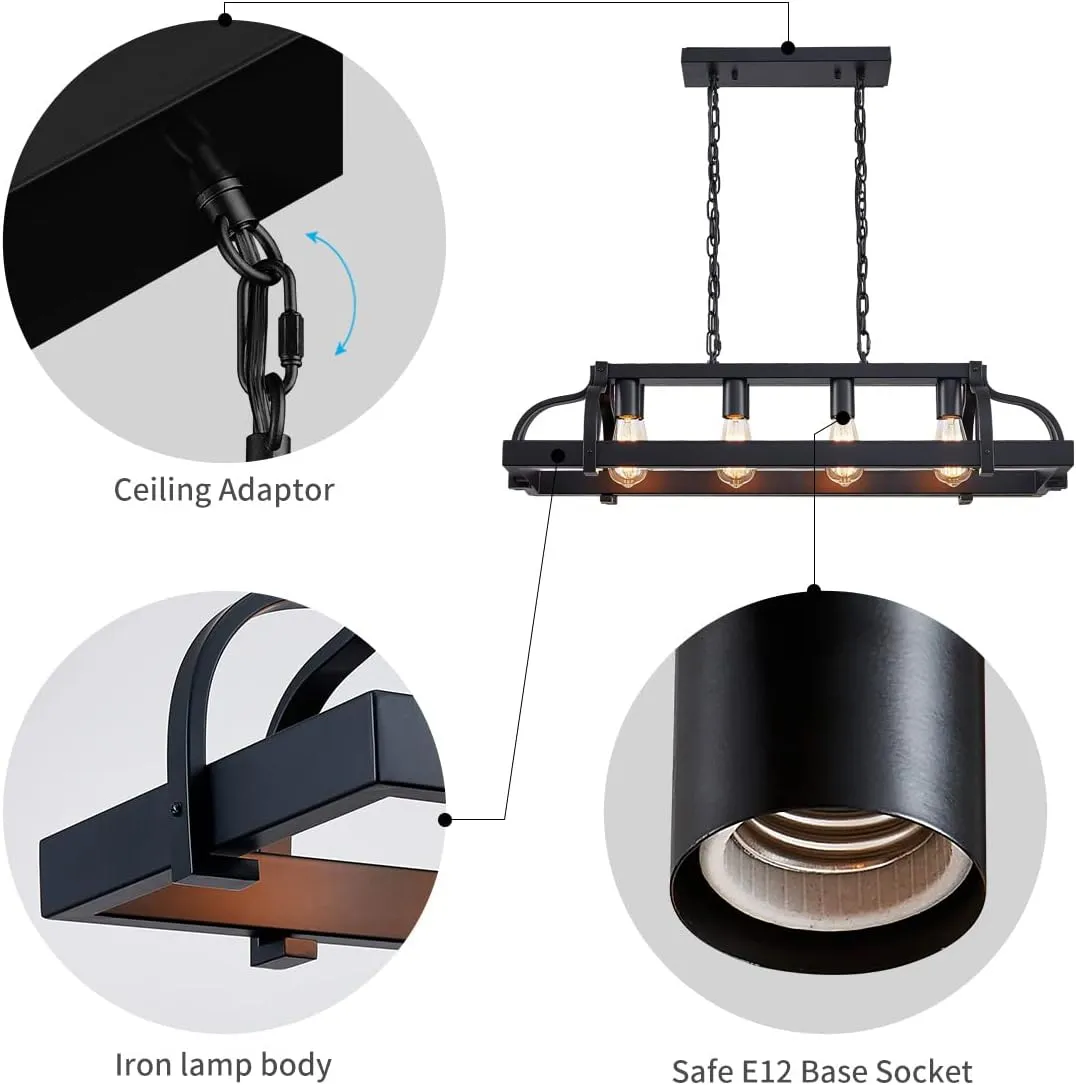 WUZUPS 4-Light Metal Pot Hanging Rack Chandelier Linear Pendant Ceiling Lighting Rustic Farmhouse Fixture Kitchen Island Dining Room, H 9.8" x L 34.6" x W11.8, E26 Base, Black