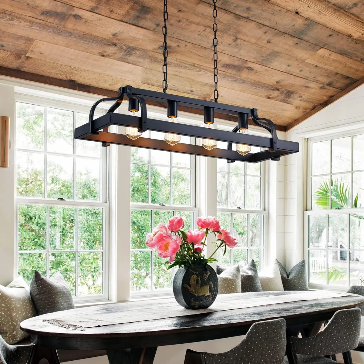 WUZUPS 4-Light Metal Pot Hanging Rack Chandelier Linear Pendant Ceiling Lighting Rustic Farmhouse Fixture Kitchen Island Dining Room, H 9.8" x L 34.6" x W11.8, E26 Base, Black
