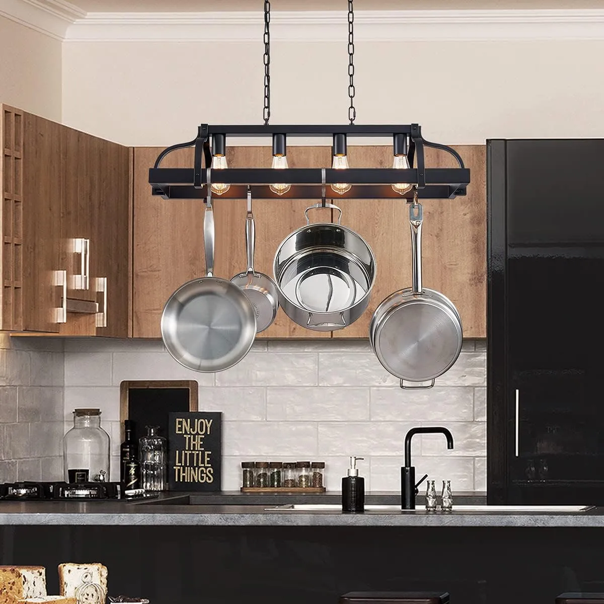 WUZUPS 4-Light Metal Pot Hanging Rack Chandelier Linear Pendant Ceiling Lighting Rustic Farmhouse Fixture Kitchen Island Dining Room, H 9.8" x L 34.6" x W11.8, E26 Base, Black