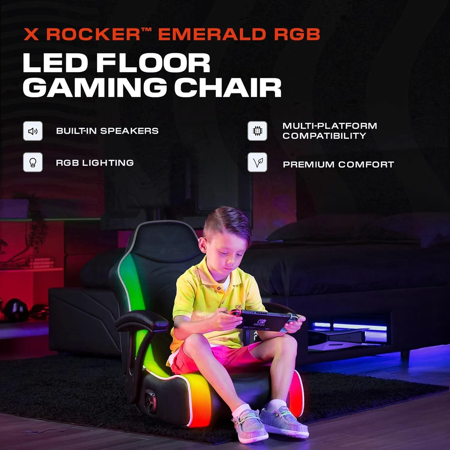 X Rocker Video Gaming Floor Rocker Chair, Built-in Audio Speakers, Foldable for Bedroom or Game Room, Gifts for Gamers, Boys Girls Teens 5-17