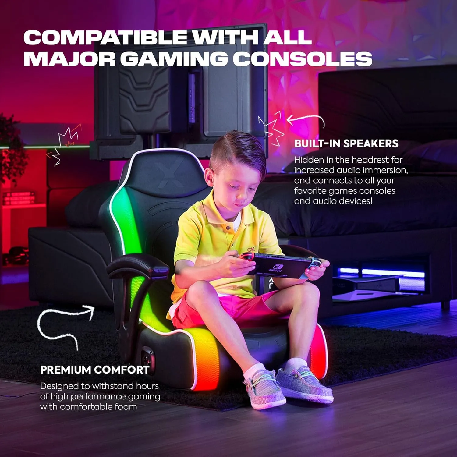 X Rocker Video Gaming Floor Rocker Chair, Built-in Audio Speakers, Foldable for Bedroom or Game Room, Gifts for Gamers, Boys Girls Teens 5-17