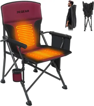 XGEAR Heated Camping Chair for Adults, 3 Heat Levels, Heated Back and Seat, Fully Padded Heated Camp Chair for Outdoor, Battery Not Included(Black/Red)