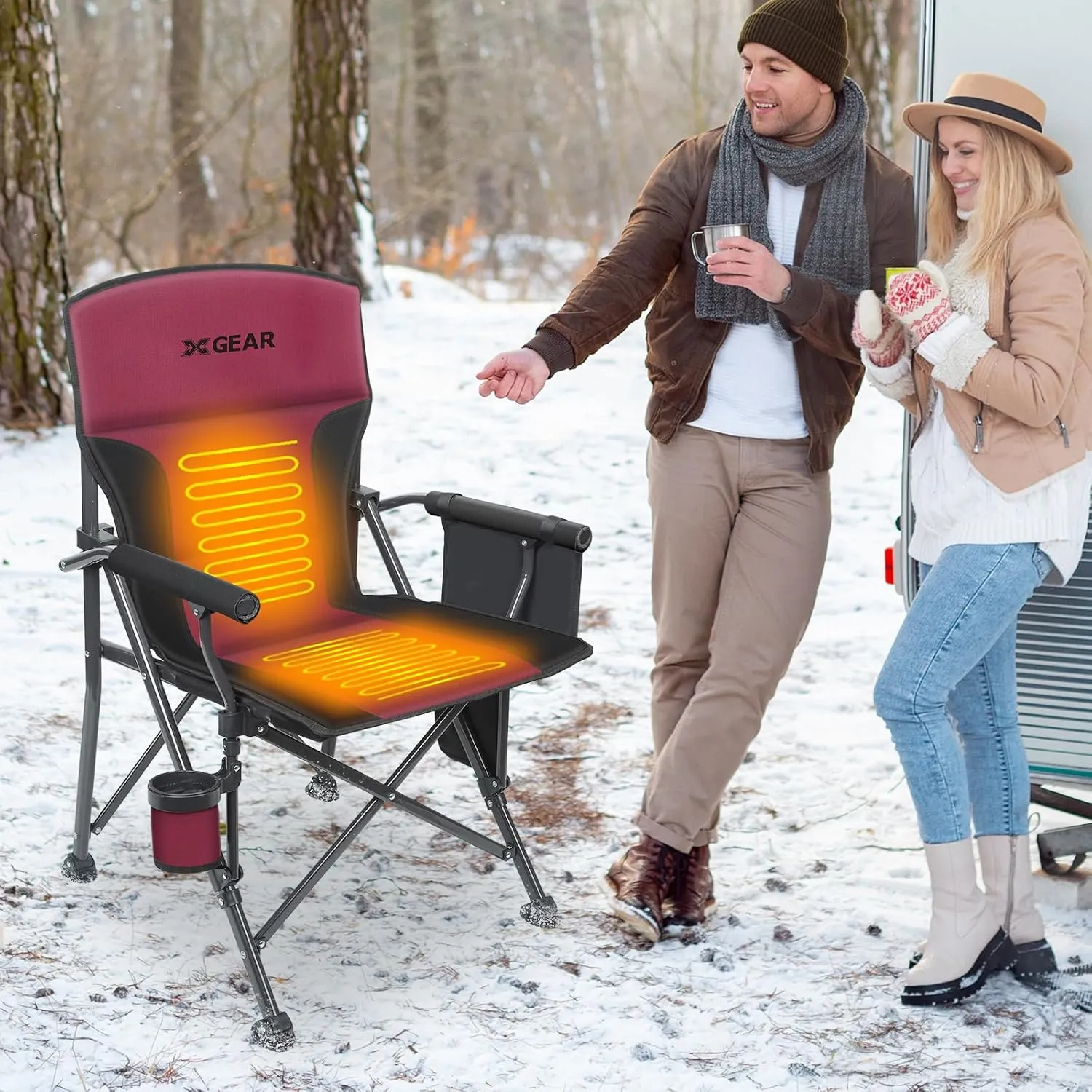 XGEAR Heated Camping Chair for Adults, 3 Heat Levels, Heated Back and Seat, Fully Padded Heated Camp Chair for Outdoor, Battery Not Included(Black/Red)