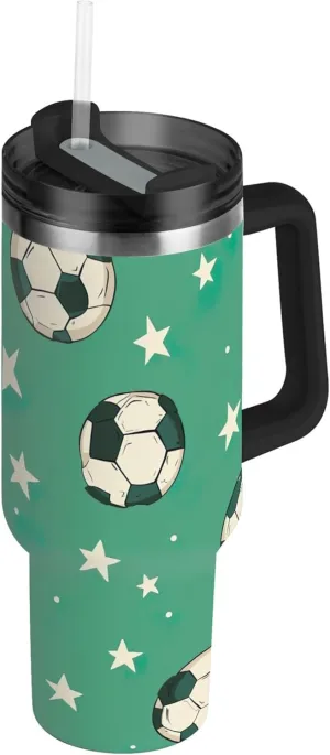 xigua 30 oz Soccer Balls and Stars Tumbler with Handle and Straw Lid, Stainless Steel Vacuum Insulated Sports Water Bottle, Keeps Cold or Hot Coffee Cup Travel Mug