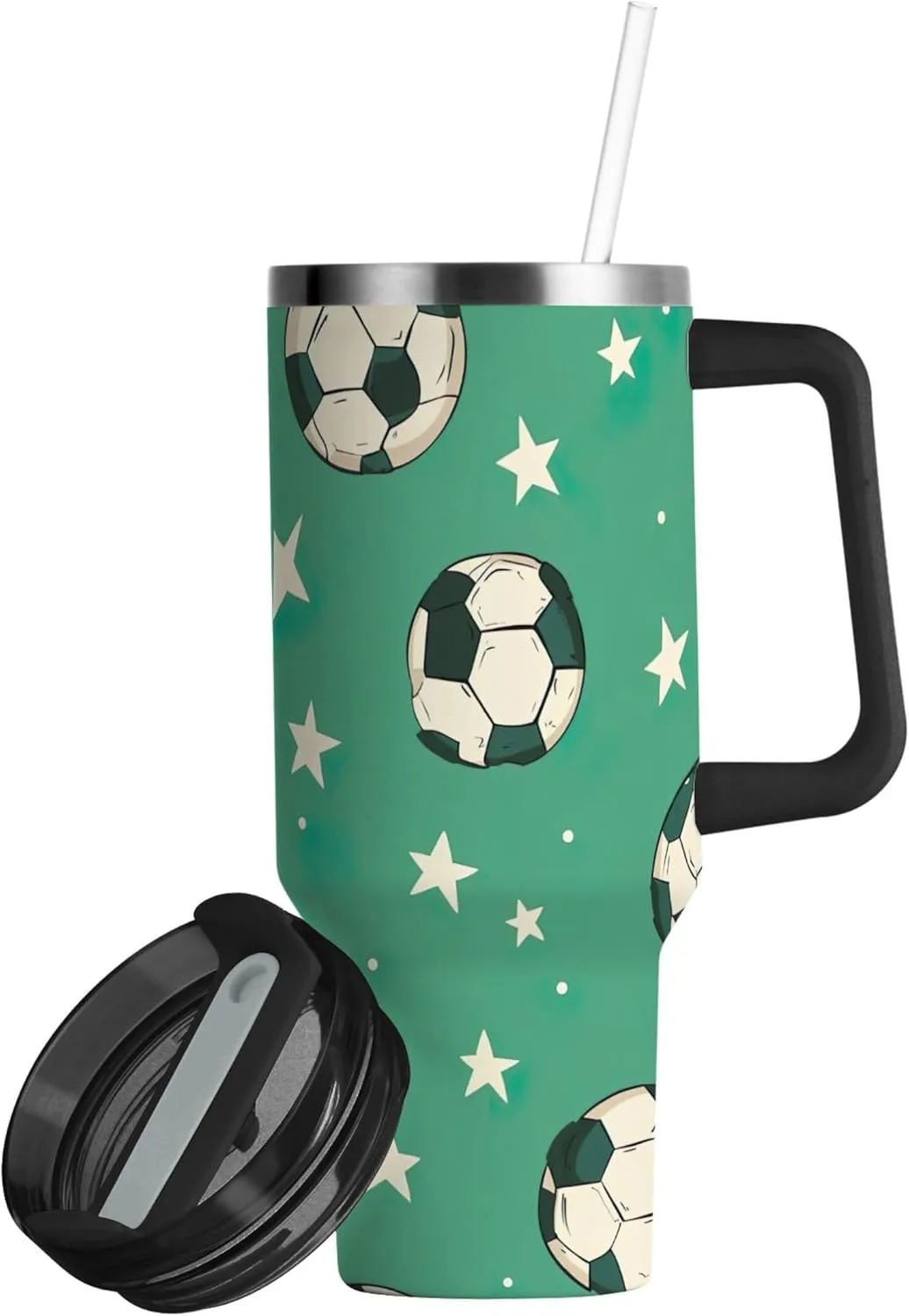xigua 30 oz Soccer Balls and Stars Tumbler with Handle and Straw Lid, Stainless Steel Vacuum Insulated Sports Water Bottle, Keeps Cold or Hot Coffee Cup Travel Mug
