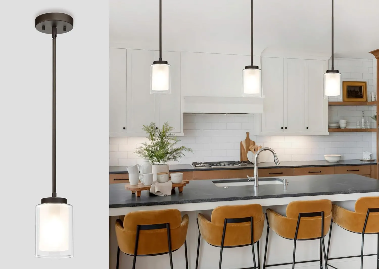 XiNBEi Lighting Pendant Lighting Modern 1 Light Mini Pendant Light with Dual Glass in Dark Bronze, Adjustable Hanging Ceiling Light for Kitchen & Living Room XB-P1195-DB
