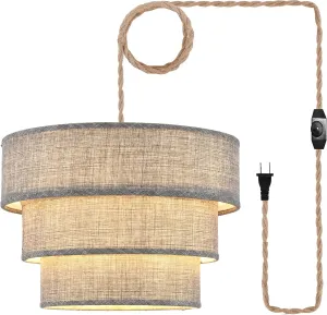 XININSUN 3-Tier Drum Plug in Pendant Light,Hanging Lamp with Dimmable Switch 15ft Hemp Rope Cord, Hanging Lights Fixture with Plug in Cord Plug in Chandelier for Bedroom Dining Room Entryway...
