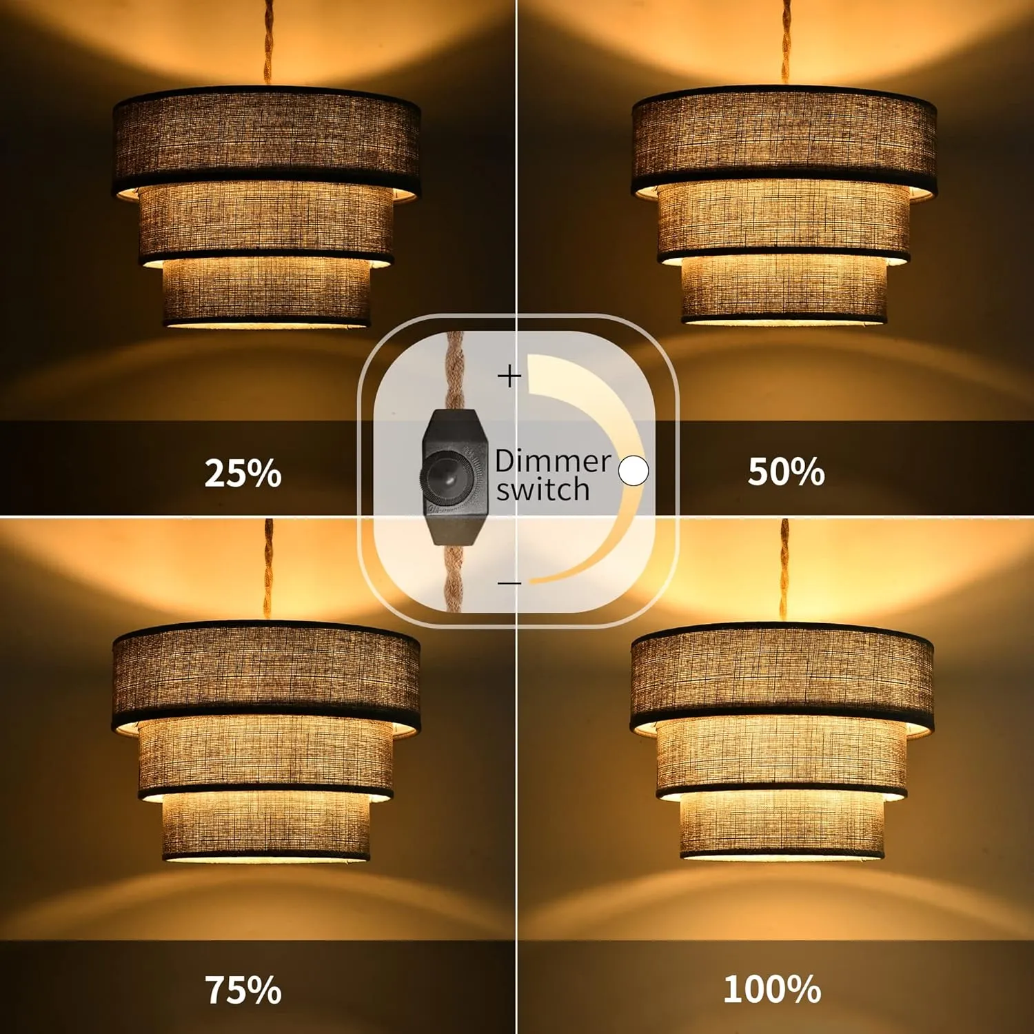 XININSUN 3-Tier Drum Plug in Pendant Light,Hanging Lamp with Dimmable Switch 15ft Hemp Rope Cord, Hanging Lights Fixture with Plug in Cord Plug in Chandelier for Bedroom Dining Room Entryway...