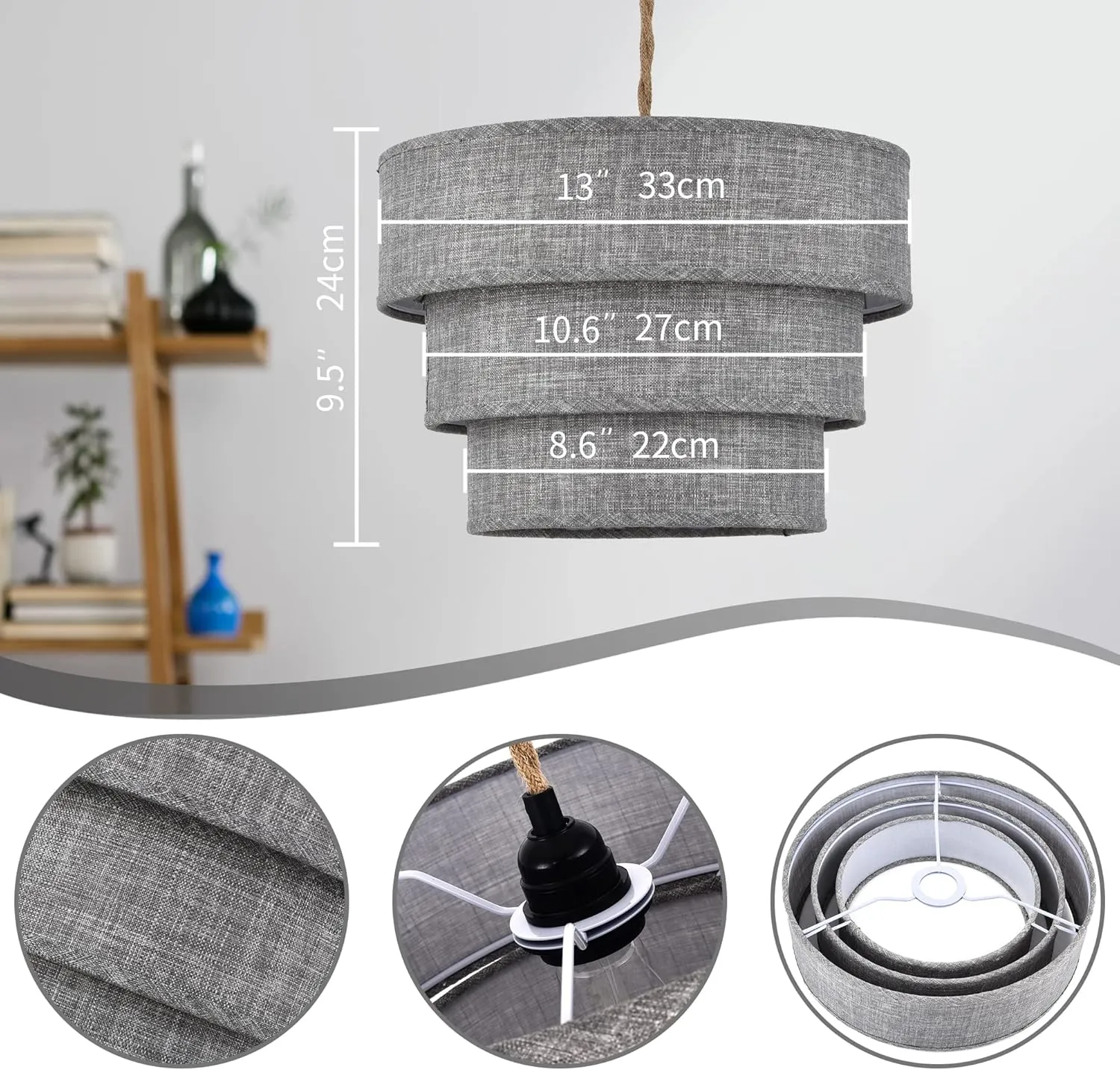 XININSUN 3-Tier Drum Plug in Pendant Light,Hanging Lamp with Dimmable Switch 15ft Hemp Rope Cord, Hanging Lights Fixture with Plug in Cord Plug in Chandelier for Bedroom Dining Room Entryway...