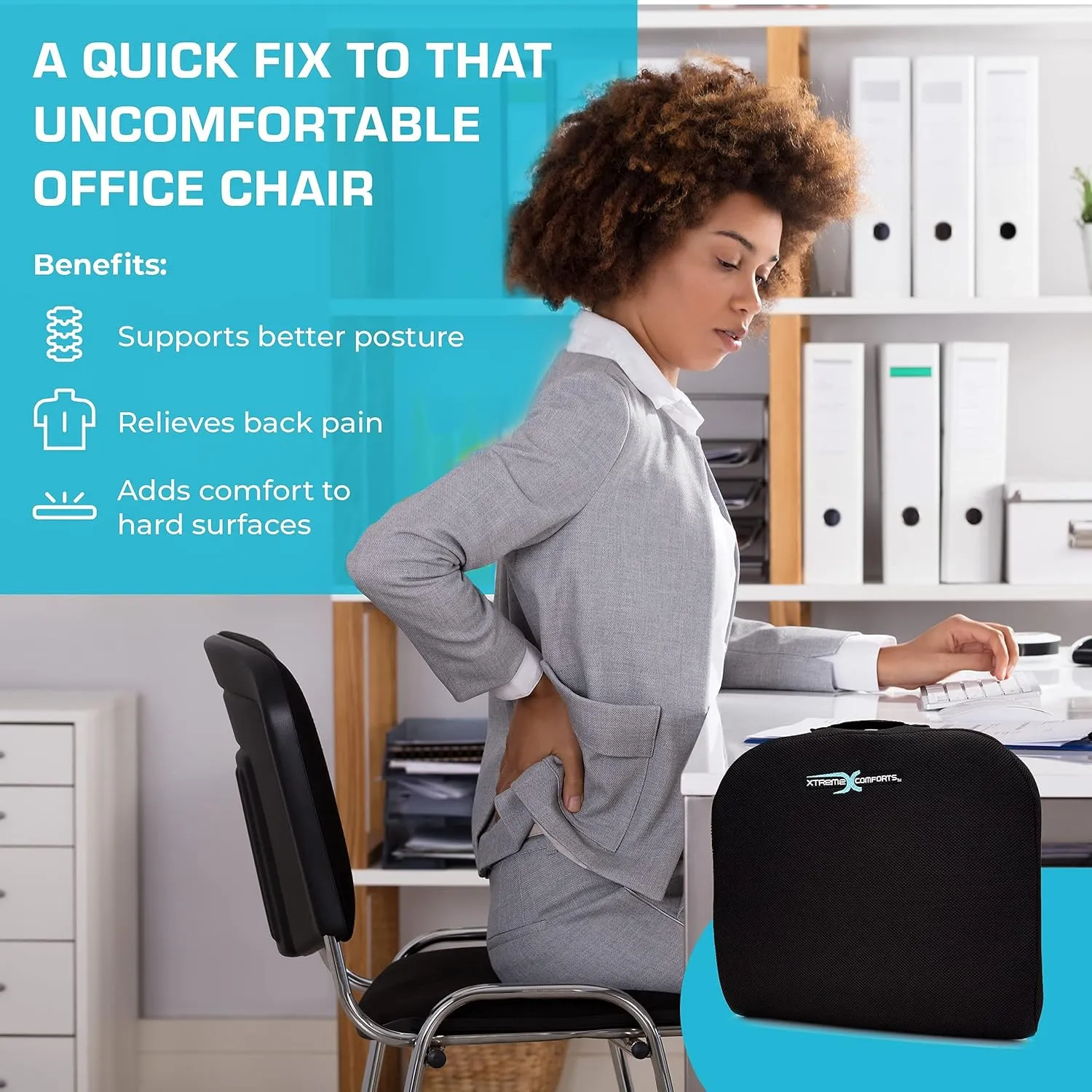 Xtreme Comforts Seat Cushion, Office Chair Cushions - Pack of 1 Padded Foam Cushion w/Handle for Desk, Wheelchair & Car Use - Back Support Pillow for Chair