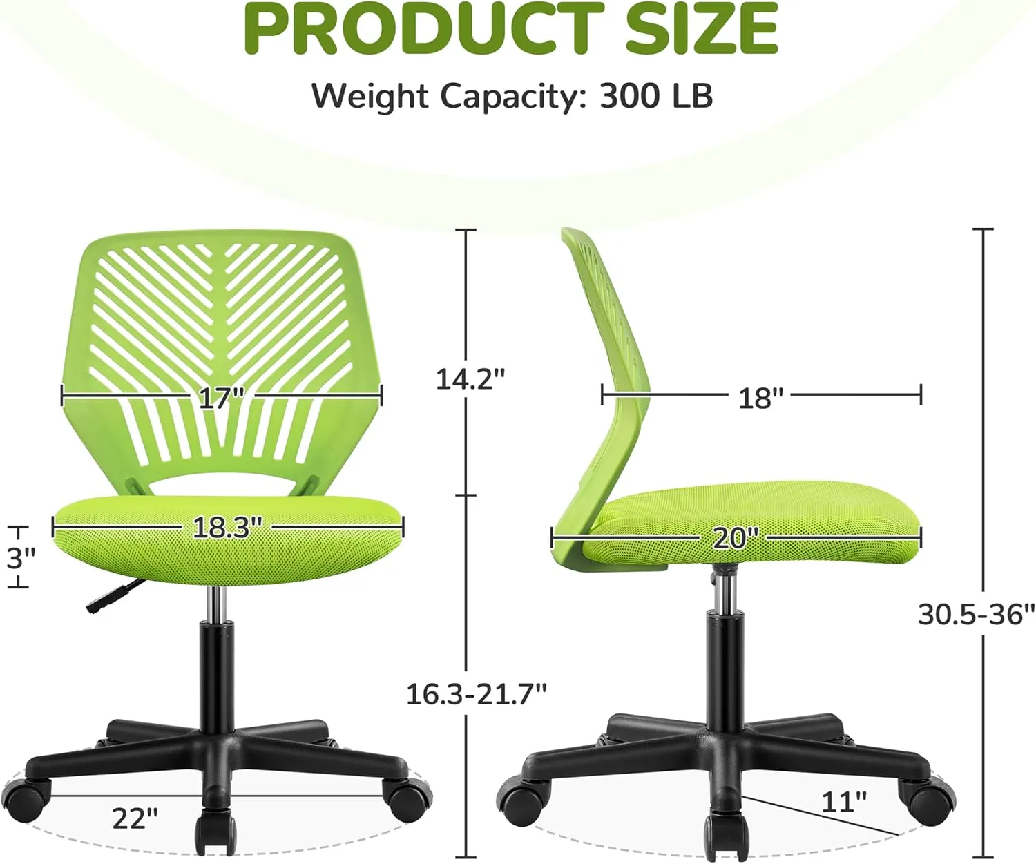 Yaheetech Kids Cute Desk Chair Armless Small Computer Chair with Lumbar Support for Teens Low-Back Bedroom School, Green