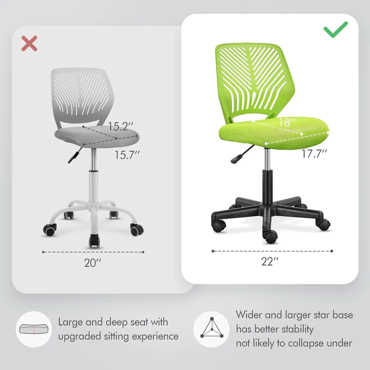 Yaheetech Kids Cute Desk Chair Armless Small Computer Chair with Lumbar Support for Teens Low-Back Bedroom School, Green