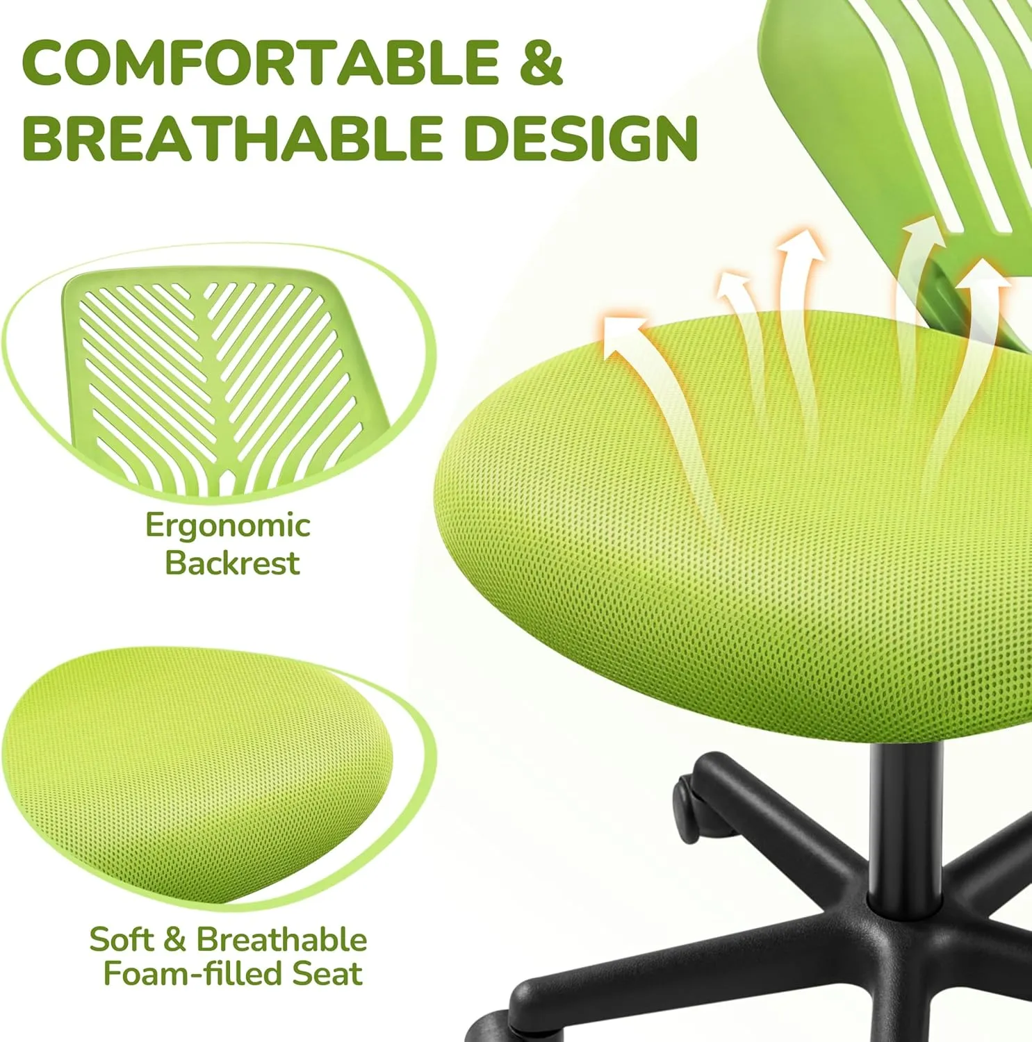 Yaheetech Kids Cute Desk Chair Armless Small Computer Chair with Lumbar Support for Teens Low-Back Bedroom School, Green