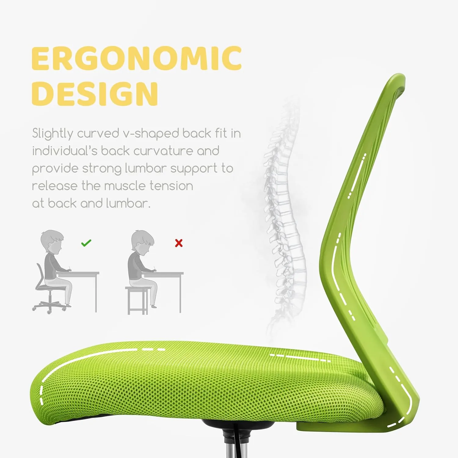 Yaheetech Kids Cute Desk Chair Armless Small Computer Chair with Lumbar Support for Teens Low-Back Bedroom School, Green
