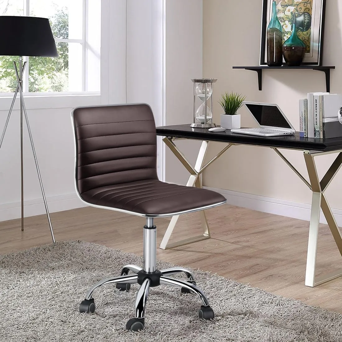 Yaheetech Modern PU Leather Ribbed Armless Working Office Chair Adjustable Low-Back Comfy Desk Task Chair w/Rolling Wheels, Brown