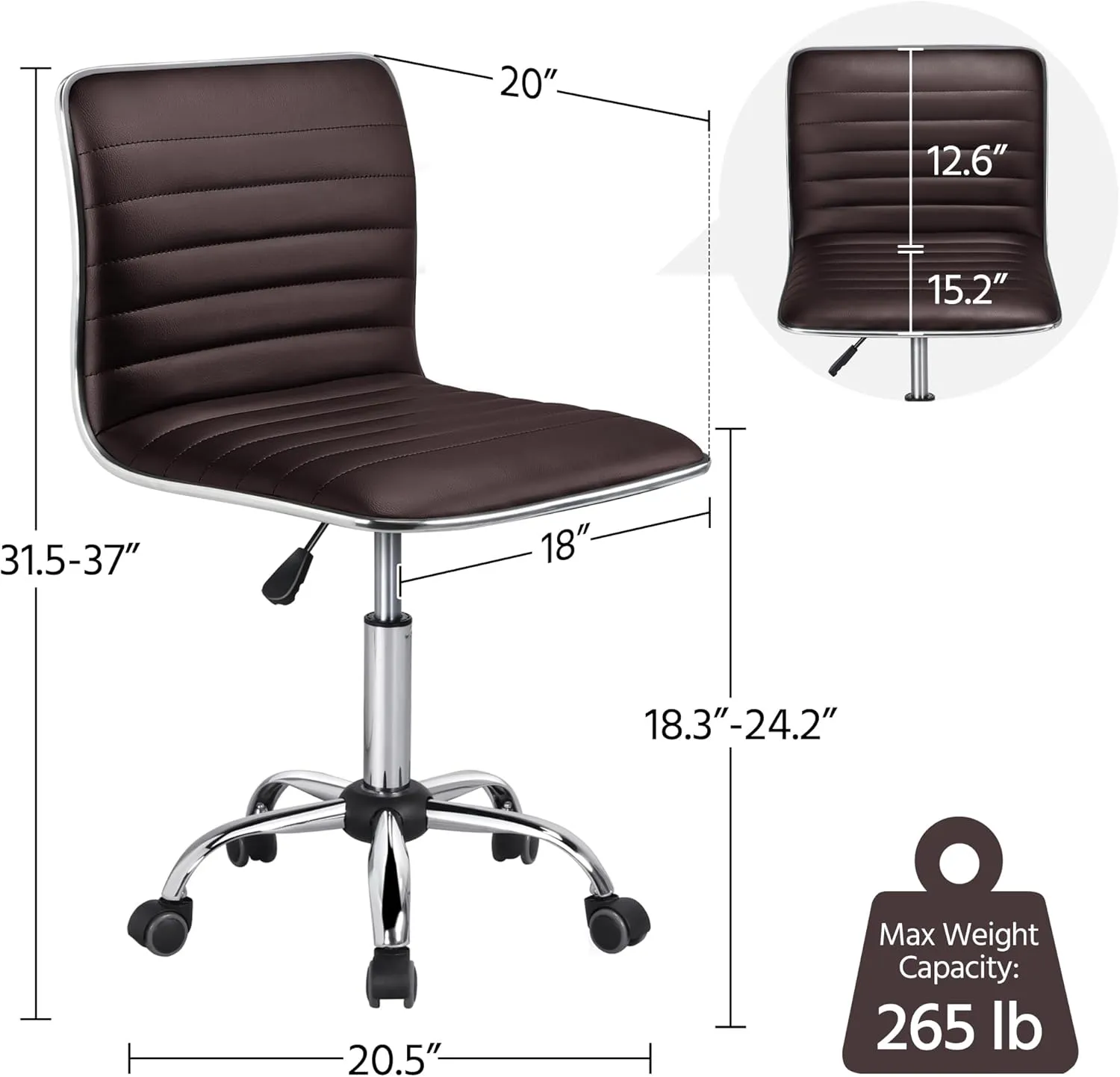Yaheetech Modern PU Leather Ribbed Armless Working Office Chair Adjustable Low-Back Comfy Desk Task Chair w/Rolling Wheels, Brown