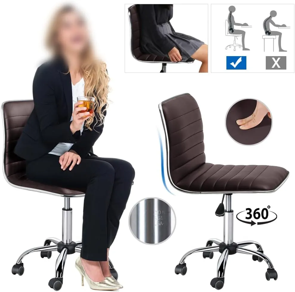 Yaheetech Modern PU Leather Ribbed Armless Working Office Chair Adjustable Low-Back Comfy Desk Task Chair w/Rolling Wheels, Brown