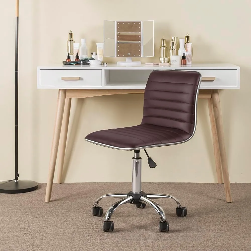 Yaheetech Modern PU Leather Ribbed Armless Working Office Chair Adjustable Low-Back Comfy Desk Task Chair w/Rolling Wheels, Brown