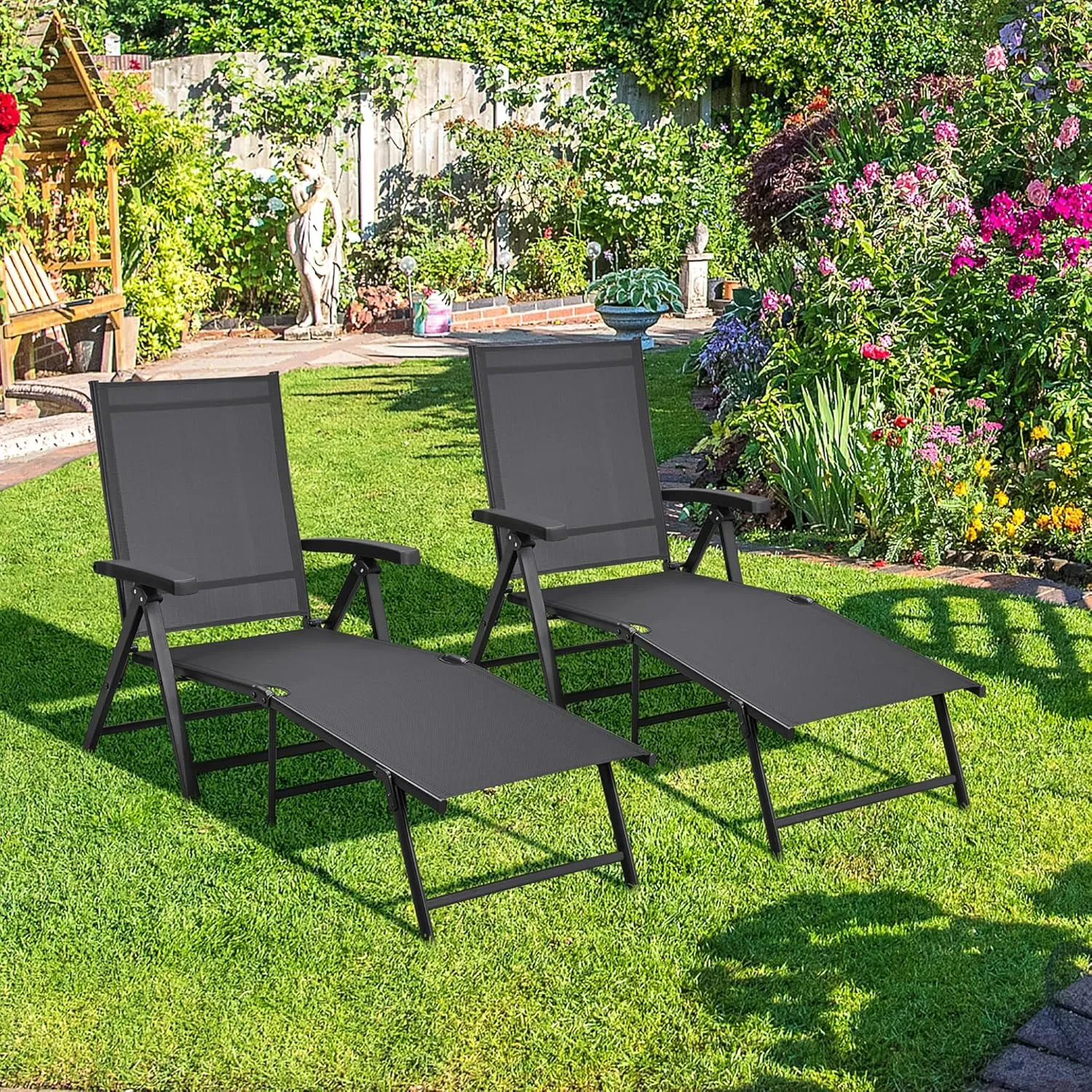 Yaheetech Outdoor Folding Chaise Lounge Set of 2 Patio Reclining Chairs w/Adjustable 7-Position Back for Beach Pool Garden Yard Deck Black