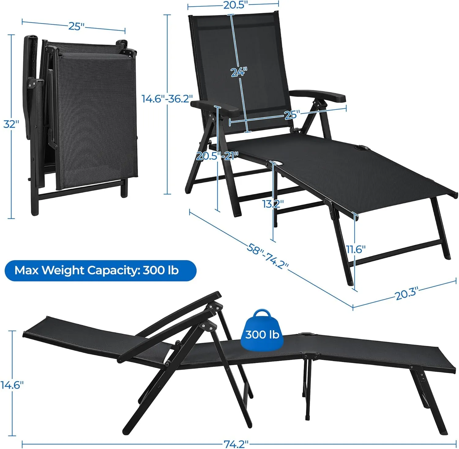 Yaheetech Outdoor Folding Chaise Lounge Set of 2 Patio Reclining Chairs w/Adjustable 7-Position Back for Beach Pool Garden Yard Deck Black