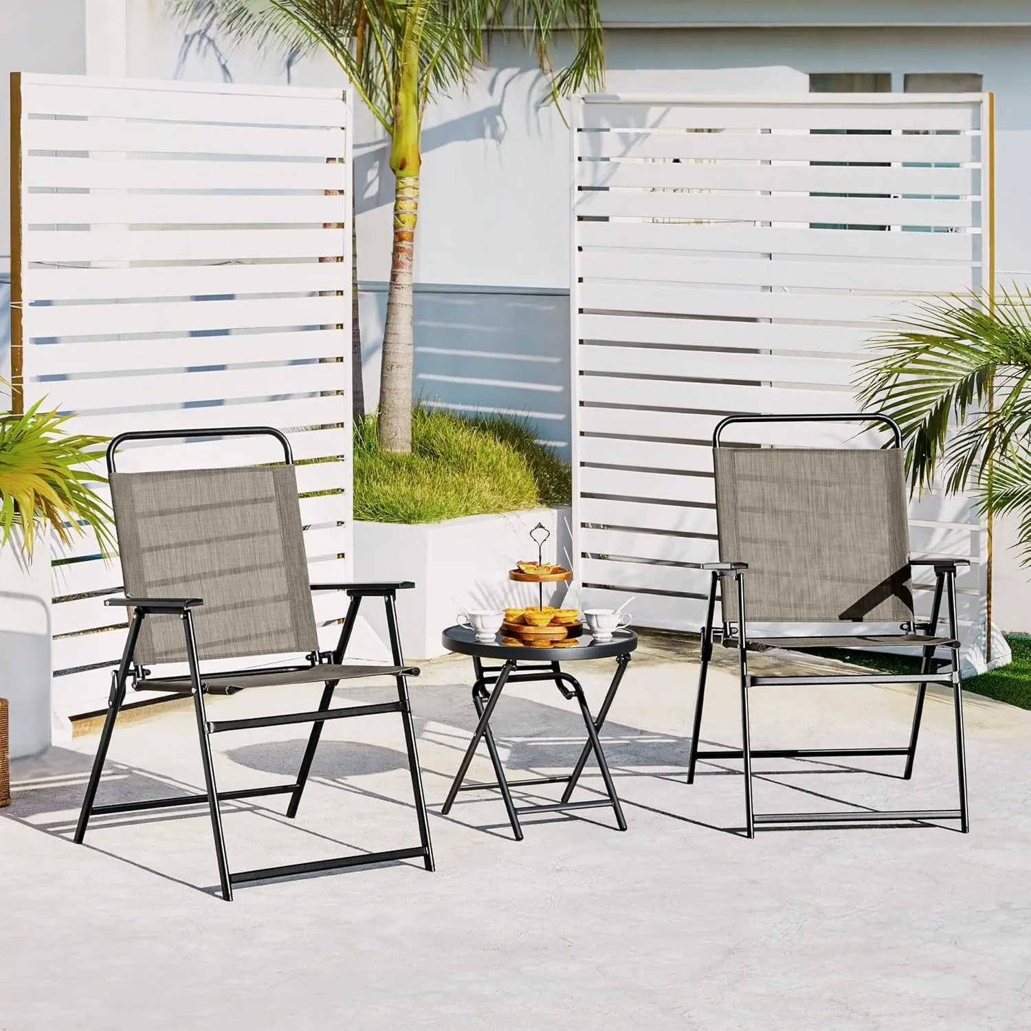 Yaheetech Outdoor Patio Chairs Set of 4, Folding Patio Chairs with Metal Frame, Armrests, Portable Dining Chairs for Camping, Lawn, Garden and Porch, Brown