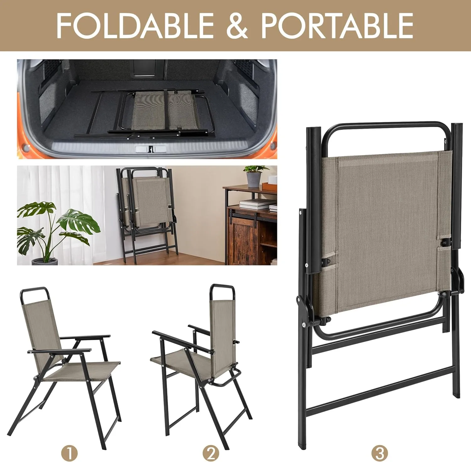 Yaheetech Outdoor Patio Chairs Set of 4, Folding Patio Chairs with Metal Frame, Armrests, Portable Dining Chairs for Camping, Lawn, Garden and Porch, Brown