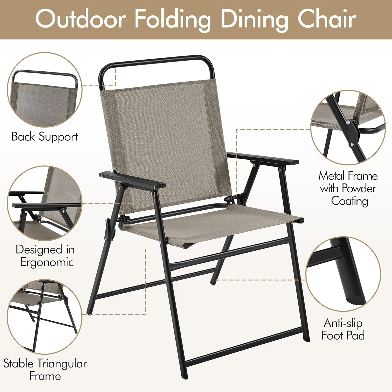 Yaheetech Outdoor Patio Chairs Set of 4, Folding Patio Chairs with Metal Frame, Armrests, Portable Dining Chairs for Camping, Lawn, Garden and Porch, Brown