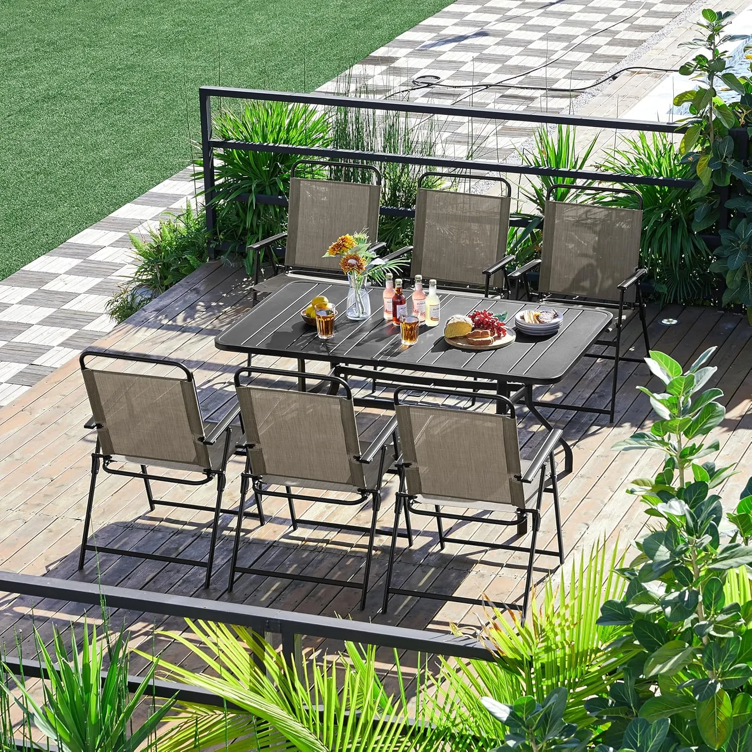 Yaheetech Outdoor Patio Chairs Set of 4, Folding Patio Chairs with Metal Frame, Armrests, Portable Dining Chairs for Camping, Lawn, Garden and Porch, Brown