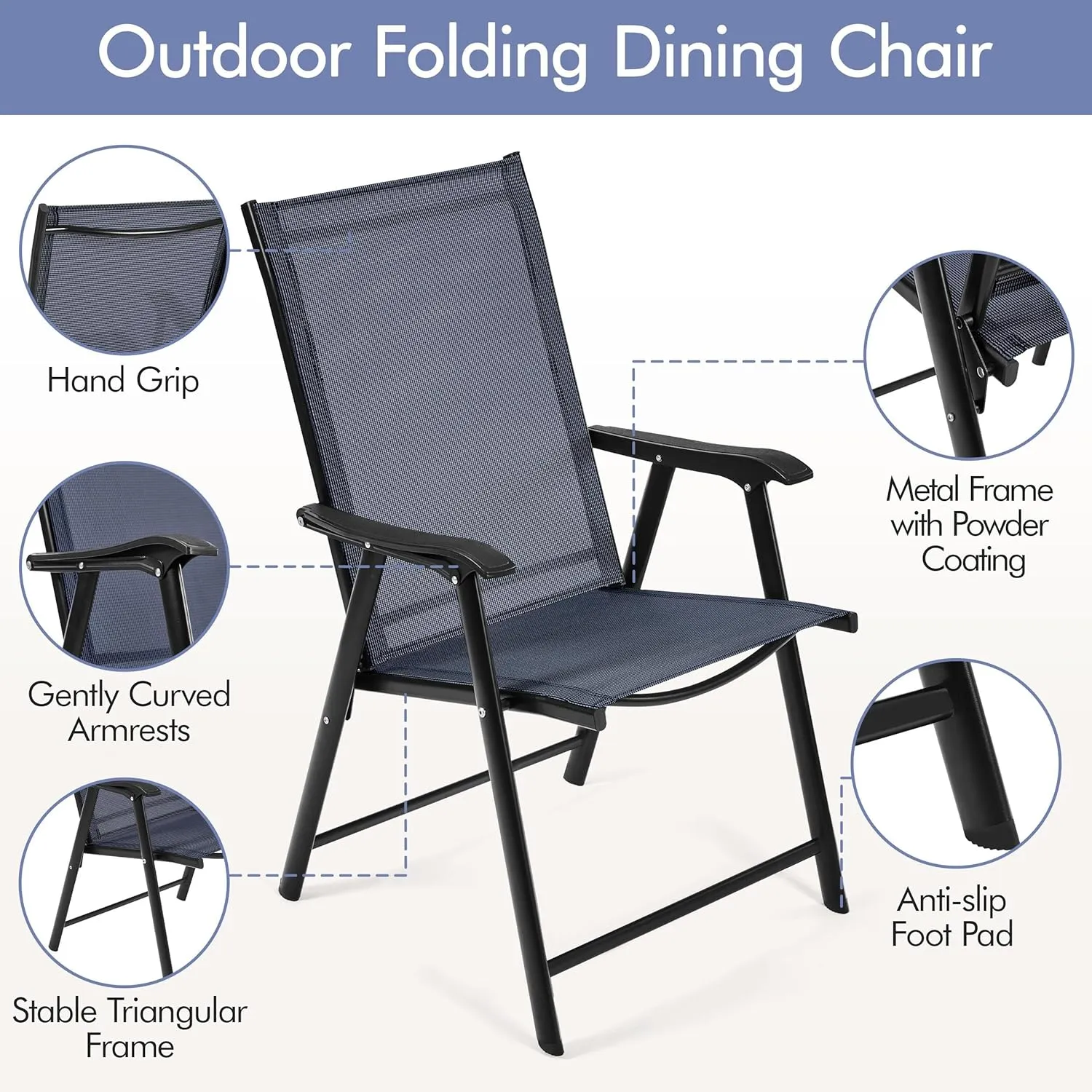 Yaheetech Patio Dining Chairs Set of 2, Portable Dining Chairs with Armrests for Camping, Lawn and Beach, Folding Patio Chairs 2-Pack of Metal Frame, Navy Blue