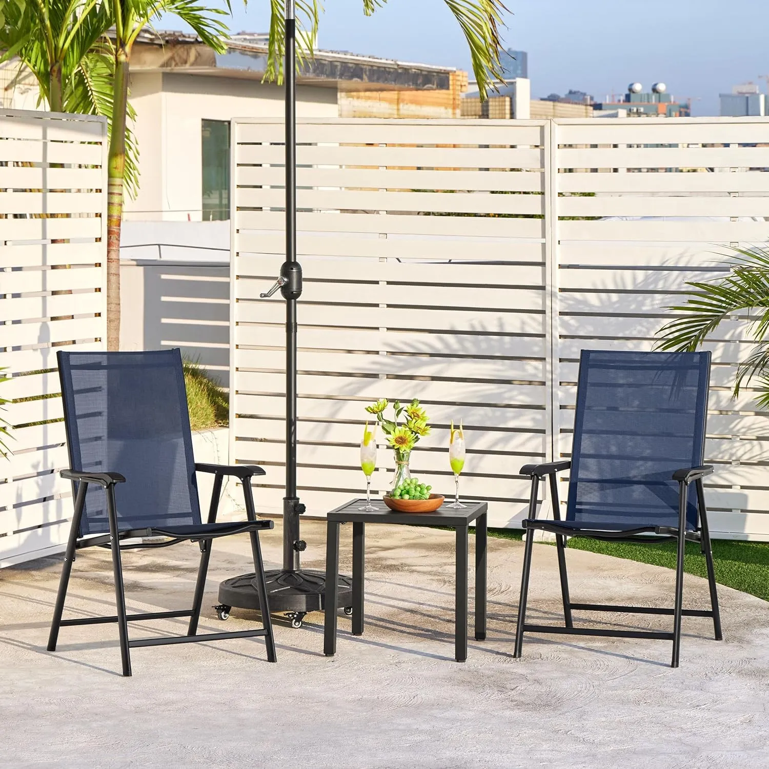 Yaheetech Patio Dining Chairs Set of 2, Portable Dining Chairs with Armrests for Camping, Lawn and Beach, Folding Patio Chairs 2-Pack of Metal Frame, Navy Blue