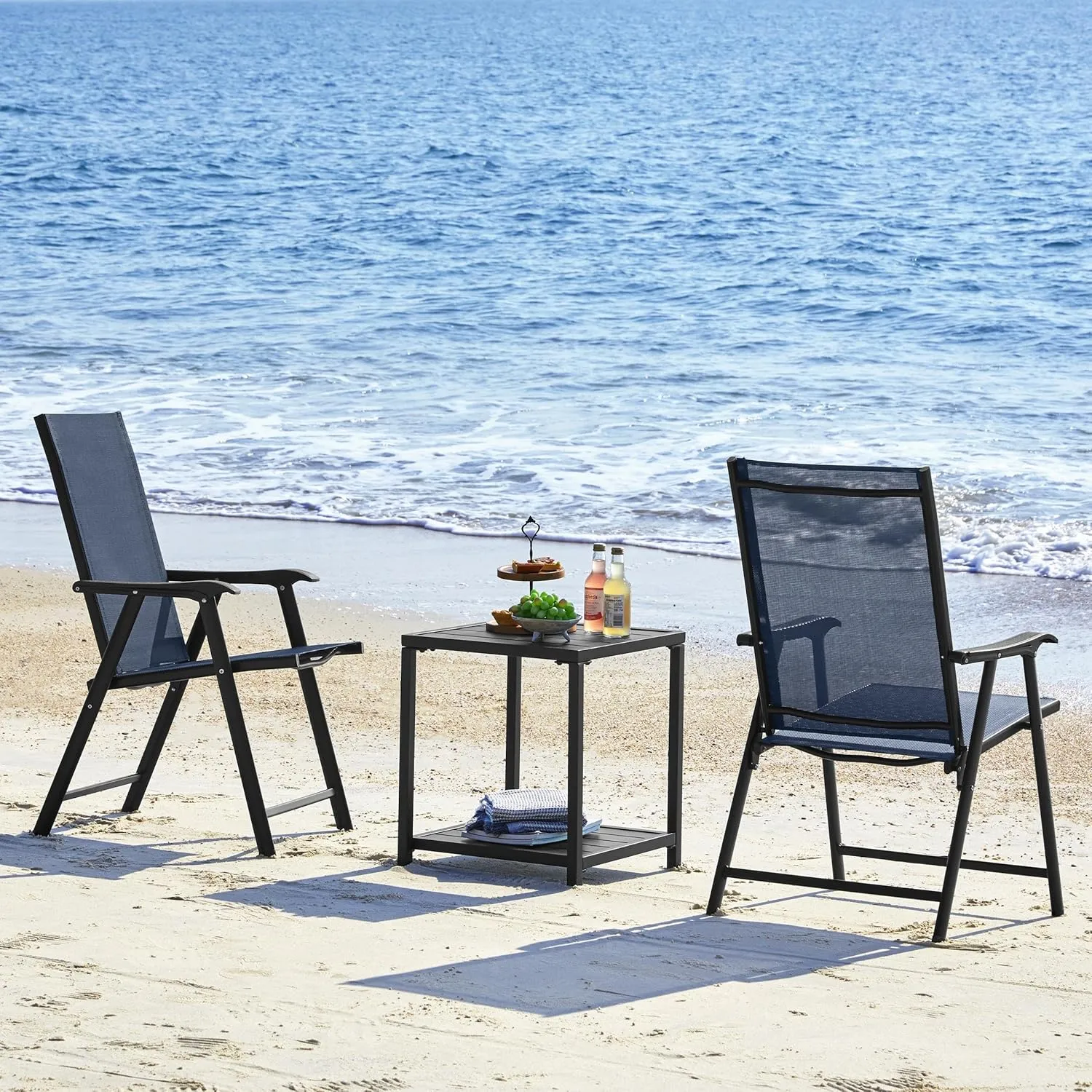 Yaheetech Patio Dining Chairs Set of 2, Portable Dining Chairs with Armrests for Camping, Lawn and Beach, Folding Patio Chairs 2-Pack of Metal Frame, Navy Blue