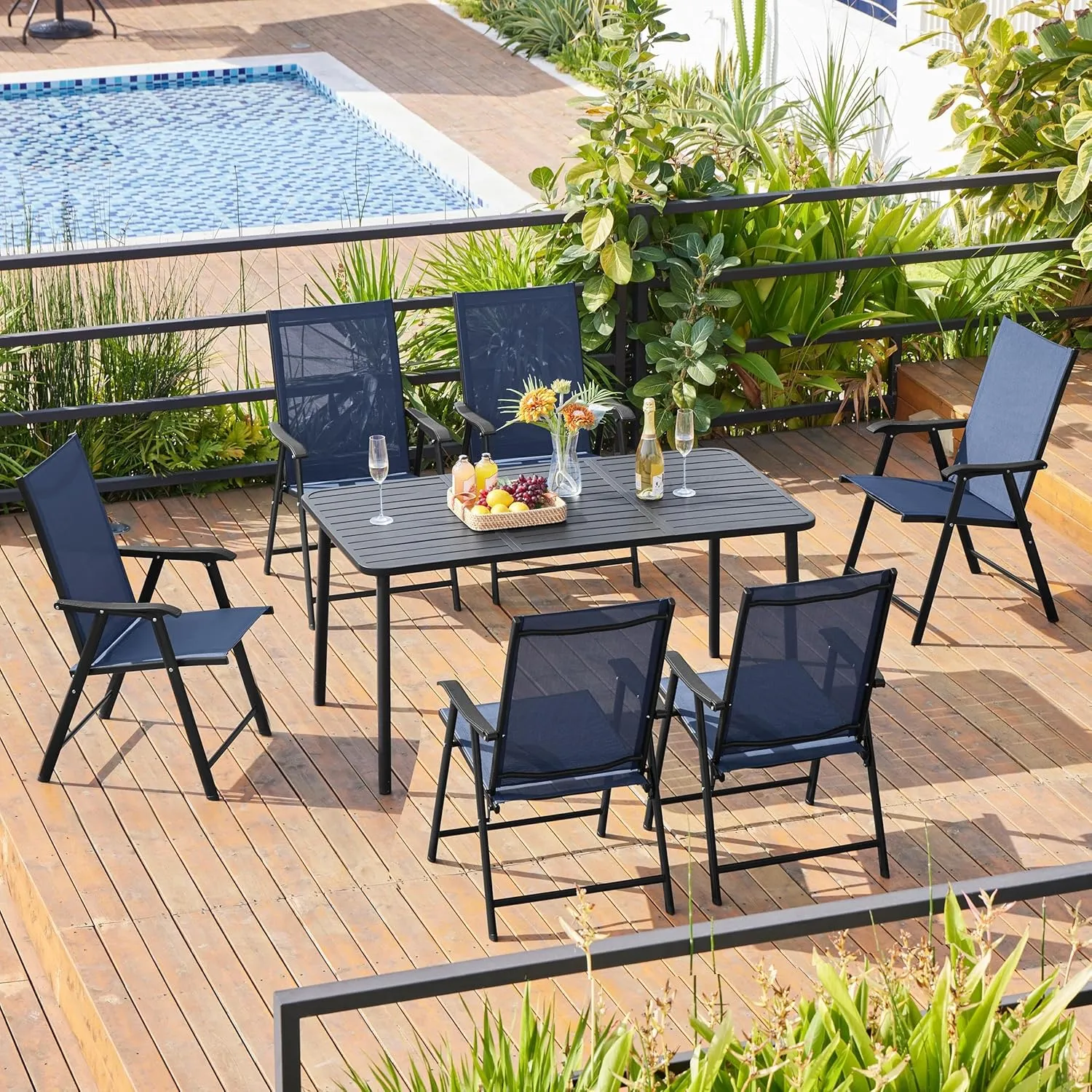 Yaheetech Patio Dining Chairs Set of 2, Portable Dining Chairs with Armrests for Camping, Lawn and Beach, Folding Patio Chairs 2-Pack of Metal Frame, Navy Blue