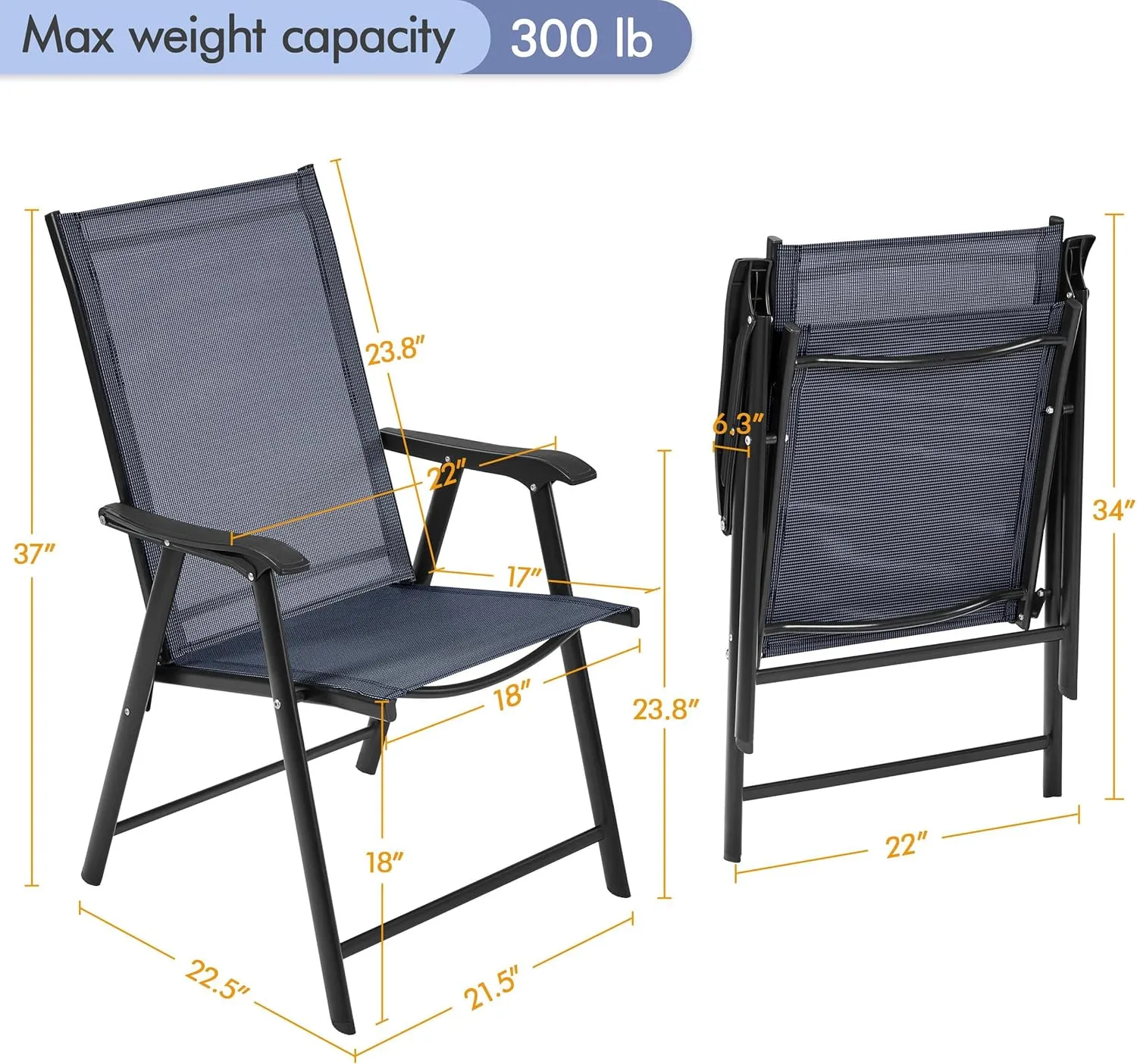 Yaheetech Patio Dining Chairs Set of 2, Portable Dining Chairs with Armrests for Camping, Lawn and Beach, Folding Patio Chairs 2-Pack of Metal Frame, Navy Blue