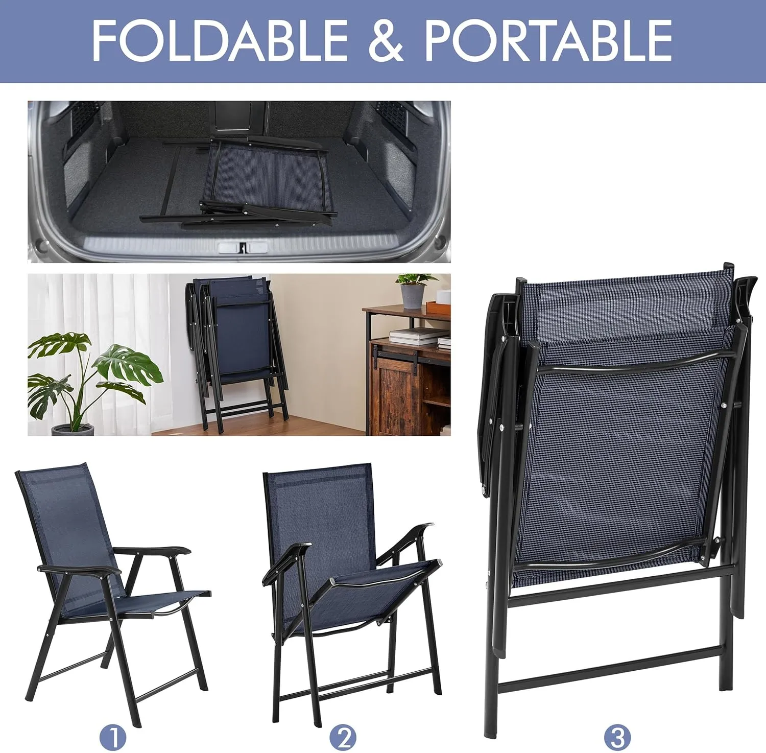 Yaheetech Patio Dining Chairs Set of 2, Portable Dining Chairs with Armrests for Camping, Lawn and Beach, Folding Patio Chairs 2-Pack of Metal Frame, Navy Blue